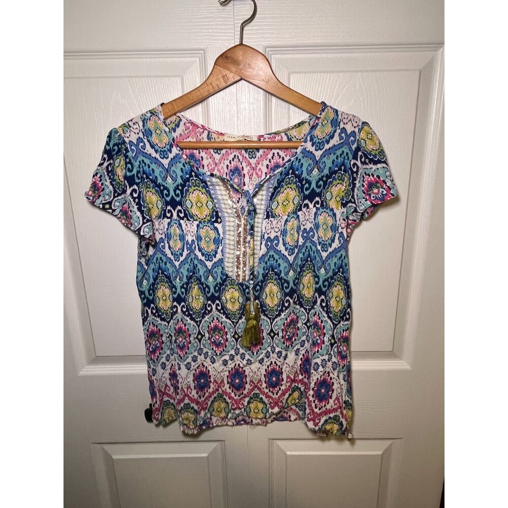 Farmers Market OneWorld Boho Tassel Top Womens Large Multicolor Medallion